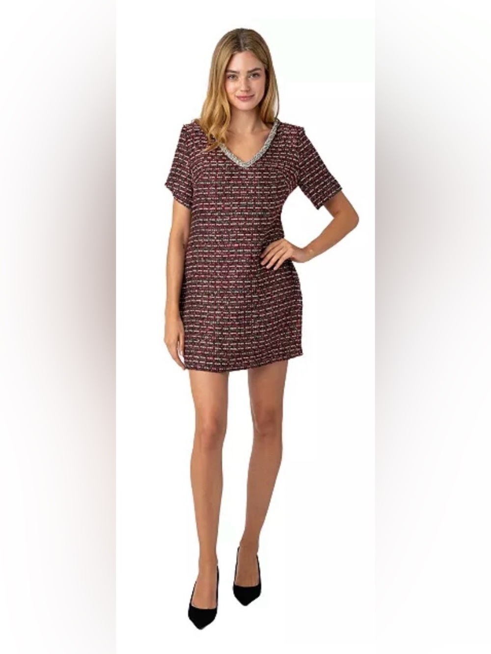 NWT Sam Edelman Red Nyah Embellished Tweed Dress Rhinestone Shift Mini Size 8